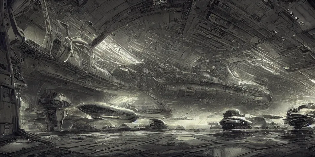 Image similar to an extremely detailed masterpiece epic scene of the inside of a cavernous spaceship cargo bay with various types of parked militarized spacecraft and an opened hanger door space scene in background, in the style of frank kelly freas and lebbeus woods, intricate, elegant, highly detailed, digital painting, artstation, cinematic lighting, extremely moody lighting, glowing light and shadow, 4 k