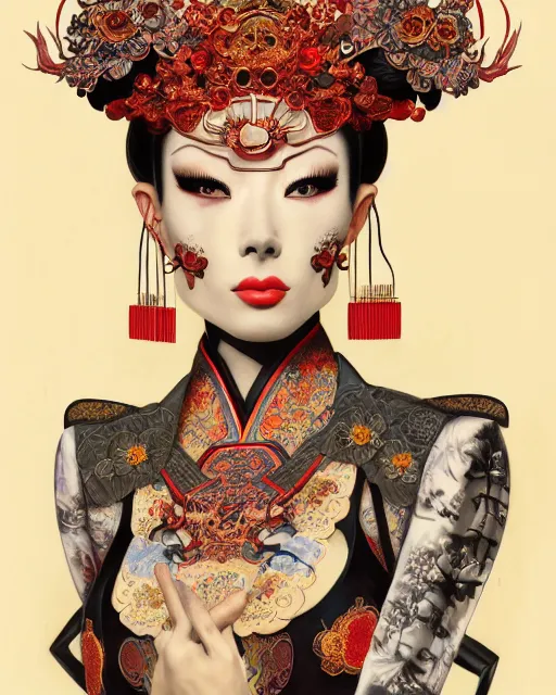 Image similar to portrait of isabelledeltore, machine face, upper half portrait, decorated with chinese opera motifs, asian, fine china, traditional chinese art, intricate, elegant, highly detailed, symmetry, headpiece, digital painting, artstation, concept art, smooth, sharp focus, illustration, art by artgerm and greg rutkowski and alphonse mucha, 8 k