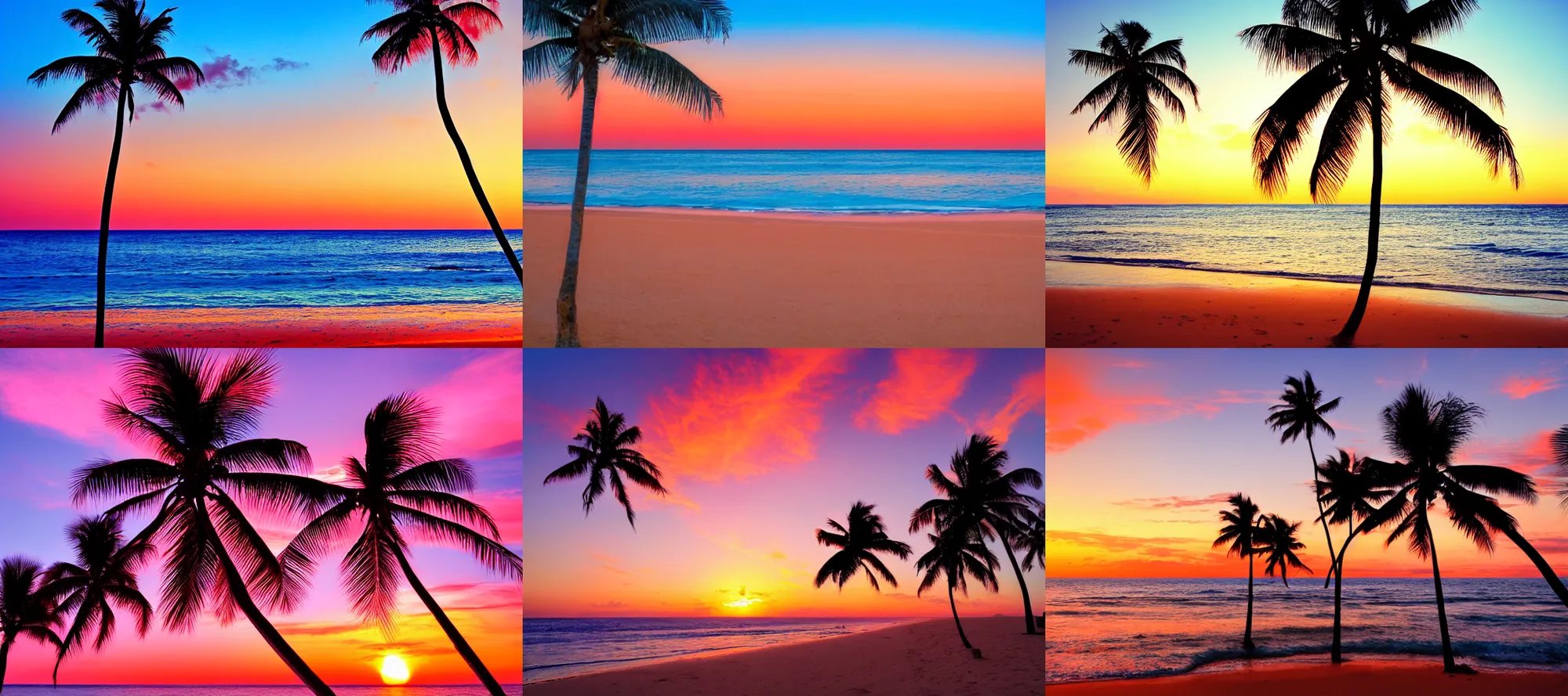 Image similar to Beach with ocean and palm trees at sunset, golden hour, crimson gradient