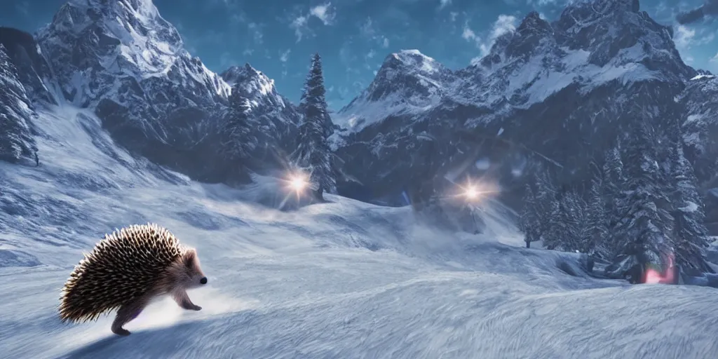 Prompt: ”hedgehog snowboarding in the alps, photorealistic, beautiful, volumetric lighting”