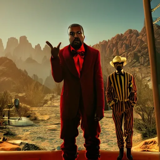Image similar to Kanye West as willy wonka in fallout new vegas, splash art, movie still, cinematic lighting, dramatic, octane render, long lens, shallow depth of field, bokeh, anamorphic lens flare, 8k, hyper detailed, 35mm film grain