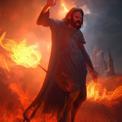 Prompt: A fantasy comic book style portrait painting ofJesus spell casting flames in a atmospheric dark fortress, unreal 5, magician, DAZ, hyperrealistic, octane render, RPG portrait, ambient light, dynamic lighting