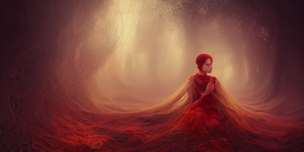 Image similar to ocean of canvas that catches liquid fire, intricate pearls, ornate ruby, magical, concept art, art nouveau, Reylia Slaby, Peter Gric, trending on artstation, volumetric lighting, CGsociety