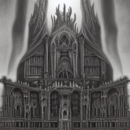 Prompt: monstrous and twisted cathedral with an altar that has a statue to many eyed and four armed cthulhu. in the style of hr giger and zdzisław beksinski piranesi gloom misty glow oil painting biomechanical