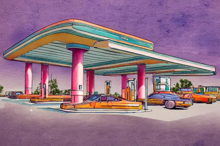 Image similar to a pencil and watercolor art of a beautiful luxurious gas station, retro and 1 9 8 0 s style, beautiful architecture, retro coloring, retro and 1 9 8 0 s style, retro and 1 9 8 0 s filter