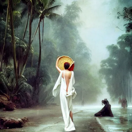 Prompt: monsoon on tropical island, endowed oriental goddess in white, elegant, frontal, ornate, beautiful, atmosphere, vibe, mist, coconuts, rain, wet, pristine, puddles, melting, dripping, snow, creek, lush, ice, bridge, forest, roses, flowers, by stanley artgerm lau, greg rutkowski, francisco de goya