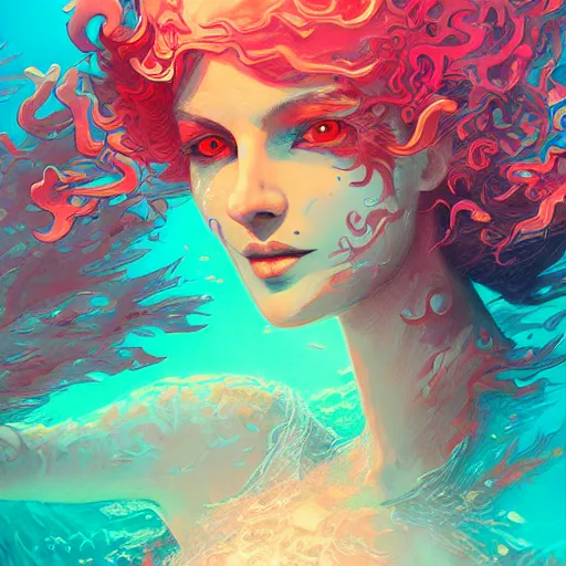 Image similar to coral underwater colorful, fantasy, intricate, highly detailed, digital painting, hd, trending on artstation, illustration, fine lines, sharp edges, colourful, attractive woman, swimming, style of stanley artgerm and greg rutkowski and dan mumford