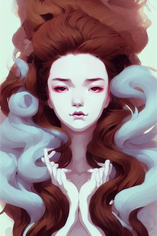 Image similar to beautiful artistic - wave highly detailed portrait female, with kitsune mask, long red hair, by atey ghailan, by greg rutkowski, by greg tocchini, by james gilleard, by joe fenton, by kaethe butcher, dynamic lighting, gradient light blue, brown, blonde cream and white color scheme, grunge aesthetic