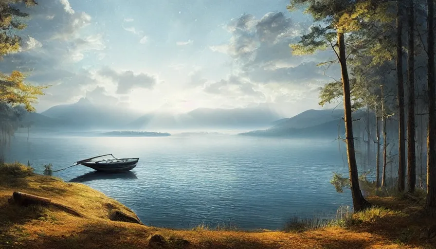 Image similar to portrait of a large lake with a boat near a pine forest, highly detailed, sunny, blue sky, cinematic lighting, highly angle, godrays, volumetric, photorealistic, digital art painting by greg rutkowski