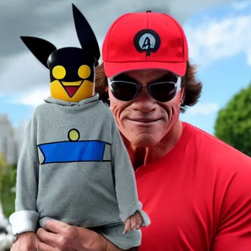 Image similar to Arnold schwarzenegger dressed up as Ash Ketchum, he is a pokemon trainer