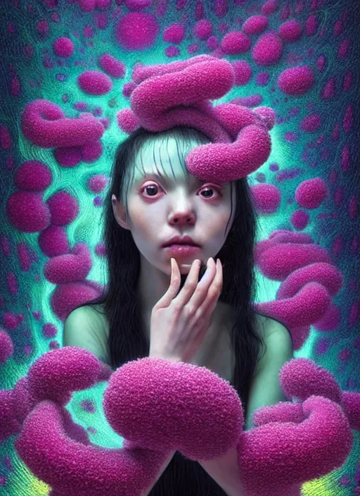 Prompt: hyper detailed 3d render like a Oil painting - kawaii portrait Aurora (black haired Fae) seen shocked and Eating of the Strangling network of yellowcake aerochrome and milky Fruit and Her delicate Hands hold of gossamer polyp blossoms bring iridescent fungal flowers whose spores black the foolish stars by Jacek Yerka, Mariusz Lewandowski, Houdini algorithmic generative render, Abstract brush strokes, Masterpiece, Edward Hopper and James Gilleard, Zdzislaw Beksinski, Mark Ryden, Wolfgang Lettl, hints of Yayoi Kasuma, octane render, 8k