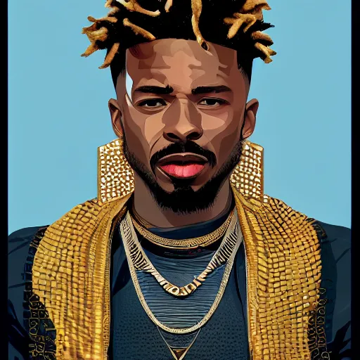 Prompt: a matte painting of killmonger, dripped out, diamonds, diamond chain, gold rings, gold watch, stylish, diamond grill by sachin teng