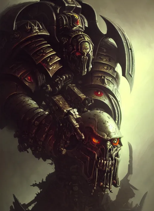 Image similar to portrait of a chaos space marine, evil, grim dark, gloomy, mist, warhammer 4 0 k, intricate, unholy, highly detailed, digital painting, artstation, concept art, smooth, sharp focus, illustration, art by wlop, mars ravelo and greg rutkowski