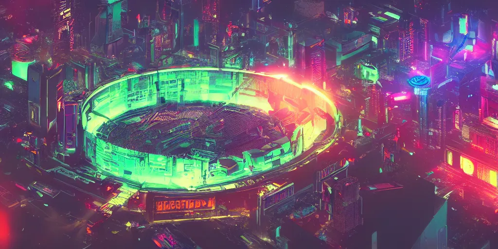 Image similar to Cyberpunk coloseum, birds eye view, rgb lights, futuristic, scifi, advanced technology, neon, high quality, trending on artstation, high detail, by Gabriel Björk Stiernström