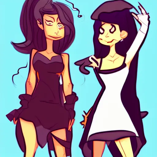 Prompt: a drawing of two cartoon girls, concept art by the mazeking, tumblr contest winner, vanitas, flat colors, dynamic pose, 2 d game art