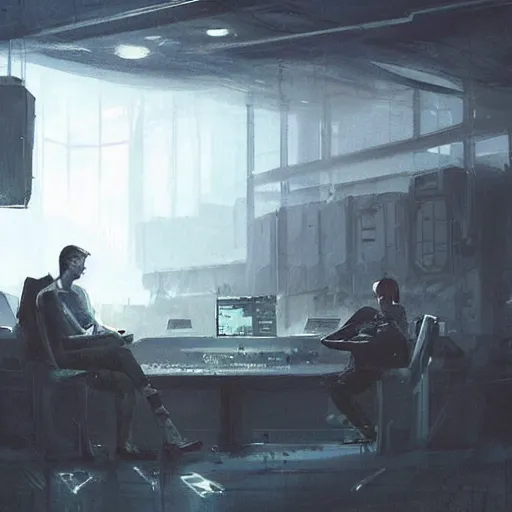 Image similar to concept art by greg rutkowski, a very tall, and slender man with short black hair, sitting with the crew in the ship's control room, brutalist futuristic interior, dark lighting atmosphere, detailed portraits, nostalgic atmosphere, scifi, digital painting, artstation, concept art, smooth, sharp foccus ilustration, artstation hq