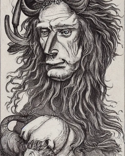 Image similar to a creature with the body and eyes of a man, with the beak of an eagle, the mane of a lion, and the horns of an ox. drawn by francis bacon