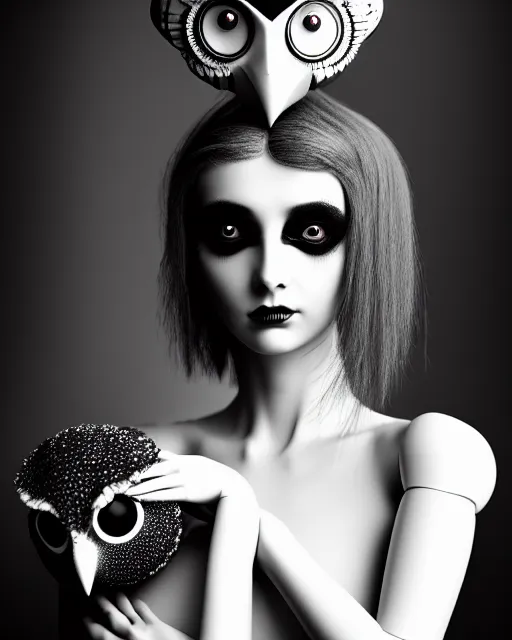 Image similar to surreal mythical dreamy dark artistic black and white fine art 3 / 4 fashion portrait photo of a young beautiful delicate female robot - owl with orchid - doll face, rim light, cinematic, studio dramatic light, poetic, masterpiece, octane render, 8 k, photo - realistic by gustave dore hg giger and man ray