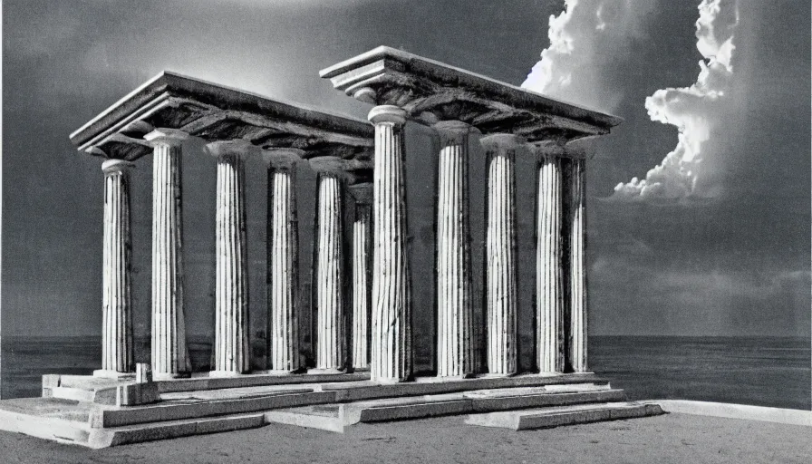 Image similar to A 1985 vintage magazine architecture photo of a beach doric temple, mediterranean architecture, refracted lines and sparkles, thunderstorm outside, beach on the background major arcana sky and occult symbols, hyperrealistic, award-winning, 1985