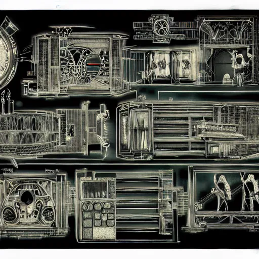 Image similar to a mechanical blueprint of fairytale caste, wide shot,, muted colors, post grunge, studio ghibli, hq, art by artgem