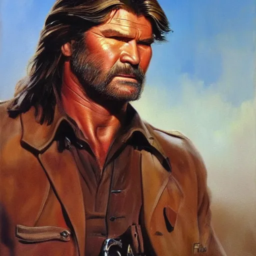 Prompt: ultra realistic portrait painting of kurt russel as a western outlaw, art by frank frazetta, 4 k, ultra realistic, highly detailed, epic lighting