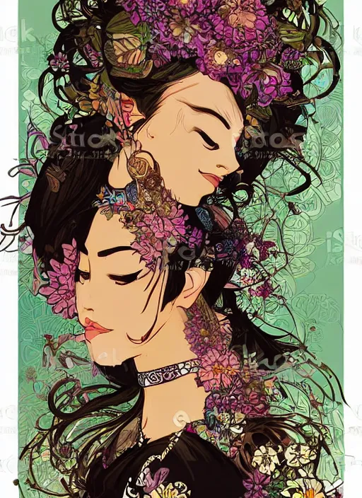 Image similar to !!! very coherent!!! vector art, beautiful floralpunk balinese cyborg portrait girl female illustration detailed patterns art of bali traditional dress, flower pop art, floral splash painting, art by ashley wood, alphonse mucha, makoto shinkai, geof darrow, dark shadow