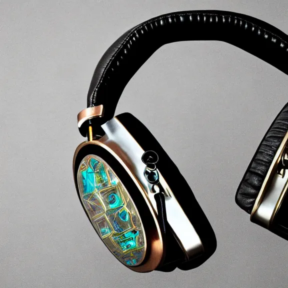 Image similar to masterpiece photo of beautiful hand crafted artistic detailed transparent headphones, bismuth metal, electronics see through, plush leather pad, modernist headphones, bismuth beautiful well designed, hyperrealistic, audiophile, intricate hyper detail, extreme high quality, photographic, audeze, sennheiser, raal, bang olufsen, abyssal