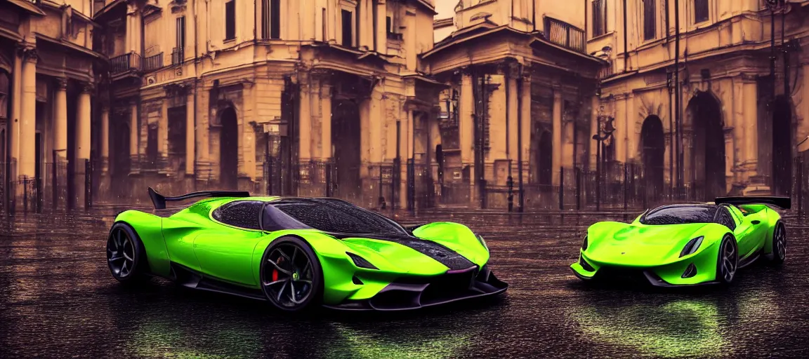 Image similar to A highly detailed, realistic photo of a neon hypercar in Rome in the rain, 8k resolution, trending on artstation