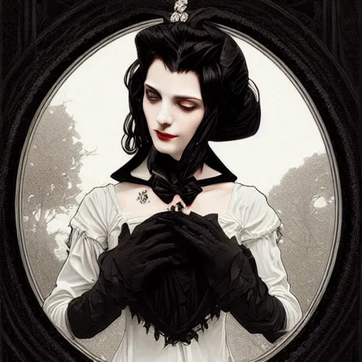 Image similar to an elegant single victorian vampire holding lovingly a black and white domestic cat, portrait, intricate, elegant, highly detailed, digital painting, artstation, concept art, rough, sharp focus, illustration, art by artgerm and greg rutkowski and alphonse mucha and cris ortega and serge birault