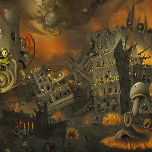 Image similar to spongebob squarepants in dante's inferno with trumpeters and demons, intricate detail, hieronymous bosch, whealan, hd, unreal engine