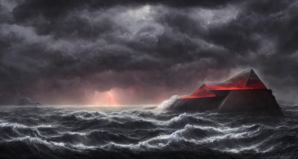 Image similar to black lovecraftian eldritch!! obsidian pyramid!! on a snowy island surrounded by raging stormy seas by eugene von guerard, ivan shishkin, night, red lightning!!, storm, dramatic lighting, concept art, trending on artstation, 8 k