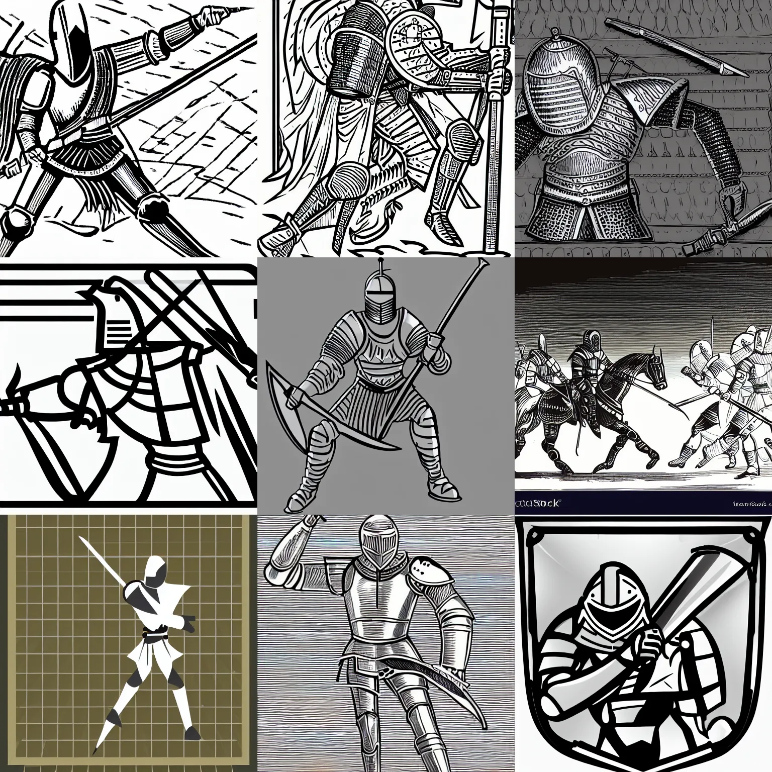 Prompt: a knight, vector line, detailed, position to attack