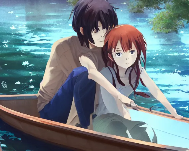 Prompt: a boy and a girl with long flowing auburn hair, boy has short black hair, sitting together in one single boat. Atmospheric lighting, long shot, romantic, boy and girl are the focus, trees, blue water. Anime. By Makoto Shinkai, Stanley Artgerm Lau, WLOP, Rossdraws, James Jean, Andrei Riabovitchev, Marc Simonetti, krenz cushart, Sakimichan, D&D trending on ArtStation, digital art.