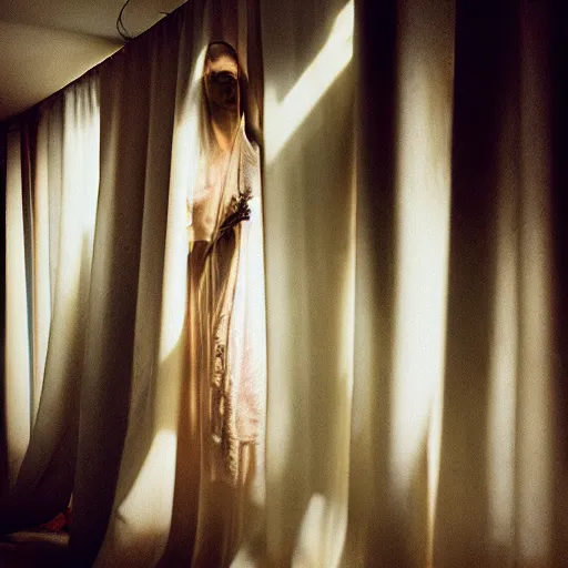 Image similar to photography of asim female sculpture, models behind white curtains, dramatic light, cinestill, filmstill, bokeh, long exposure, god rays, magic hour