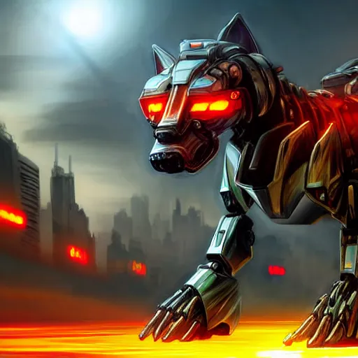 Image similar to hyper realistic, photographic, highly detailed cinematic full body shot of a mecha canine, sharp claws, sleek armor, glowing visor, charging through city, destroying city, digital art, furry art, dragon art, zoids art, furaffinity, deviantart