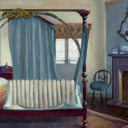 Prompt: a scary four-poster bed inside a victorian home that consumes souls. Oil panting.