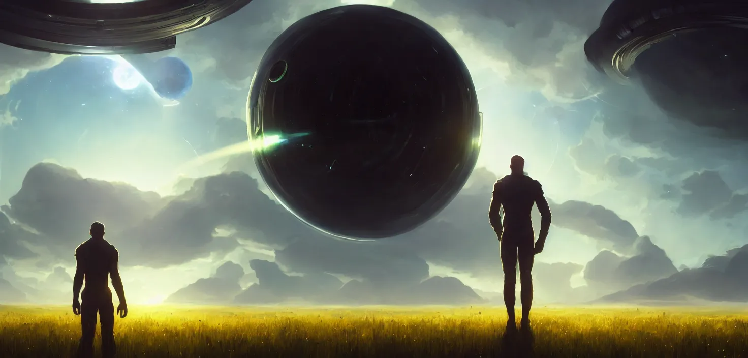 Prompt: sci - fi scene showing futuristic man standing in a field looking at the planet with giant rings, cinematic view, epic sky, detailed, concept art, low angle, high detail, warm lighting, volumetric, godrays, vivid, beautiful, trending on artstation, by jordan grimmer, huge scene, grass, art greg rutkowski