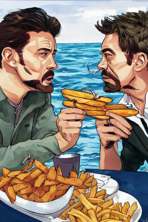 Prompt: steve rogers and tony stark as the avengers sitting on a beach eating fish and chips, hyper detailed, realistic