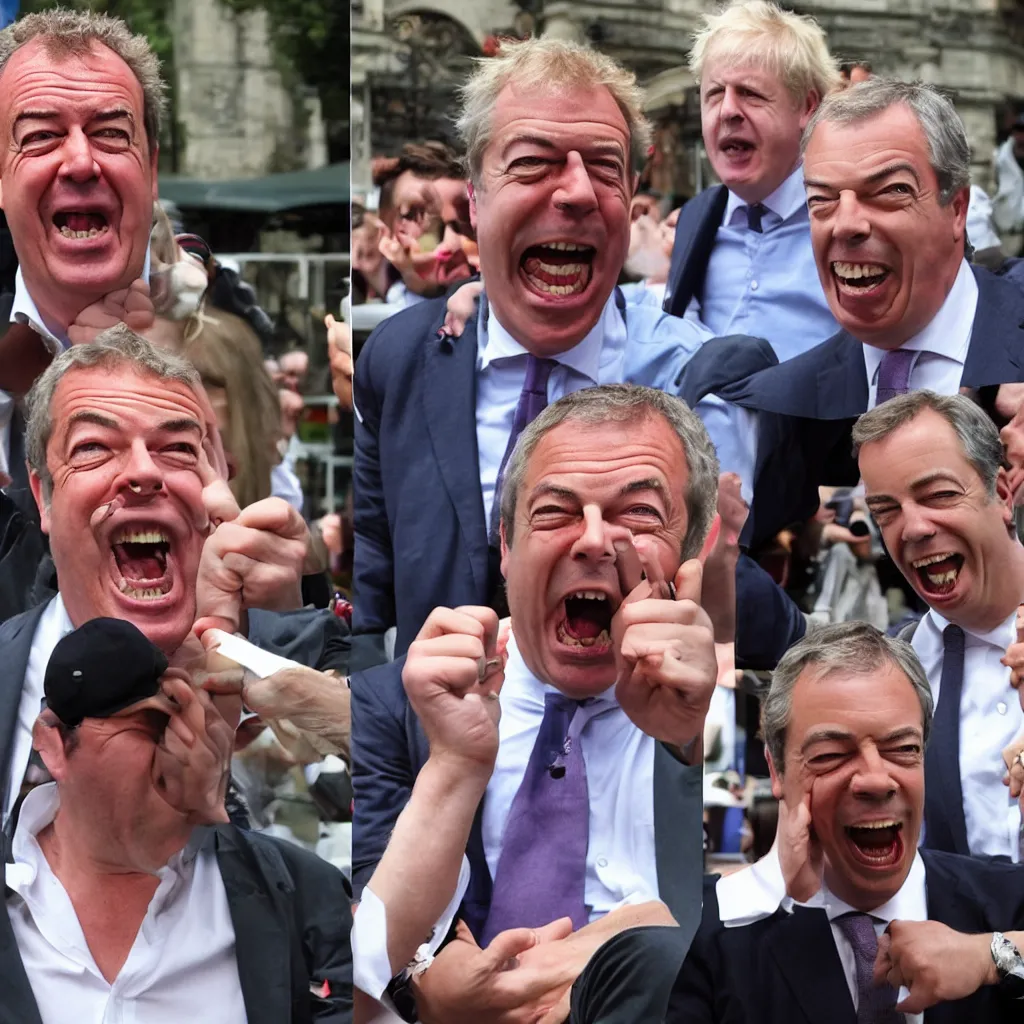 Image similar to jeremy clarkson shouting angry, nigel farage shouting angry, boris johnson shouting angry, all fighting over hot dogs