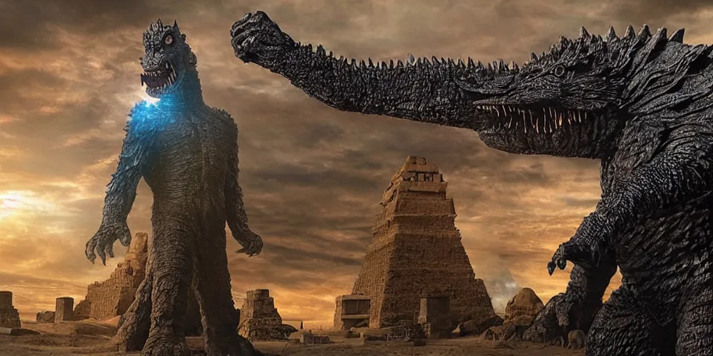 Image similar to doctor who tardis meets godzilla in ancient egypt in 2 0 0 bc