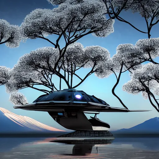 Prompt: a futuristic dieselpunk vehicle fused into hover craft 2 0 8 9 futuristic version, cyberpunk look hovering by mount fuji early in the morning with a few blossom trees around, high quality photo