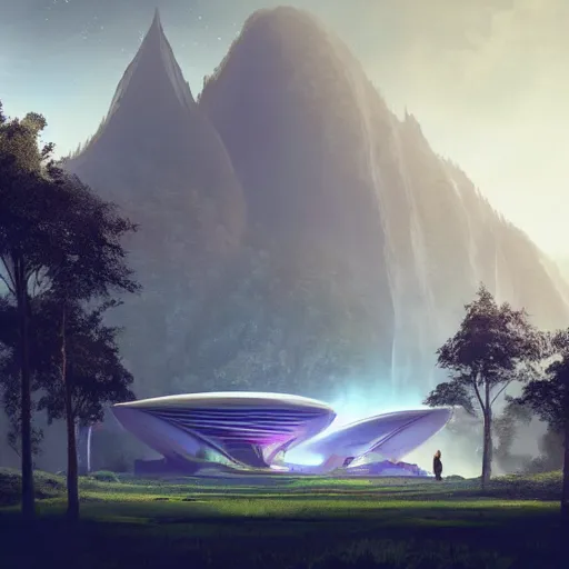 Image similar to futuristic temple between green hills with big trees, monks, shooting stars, dramatic lighting, artstation, matte painting, raphael lacoste, simon stalenhag, frank lloyd wright, zaha hadid