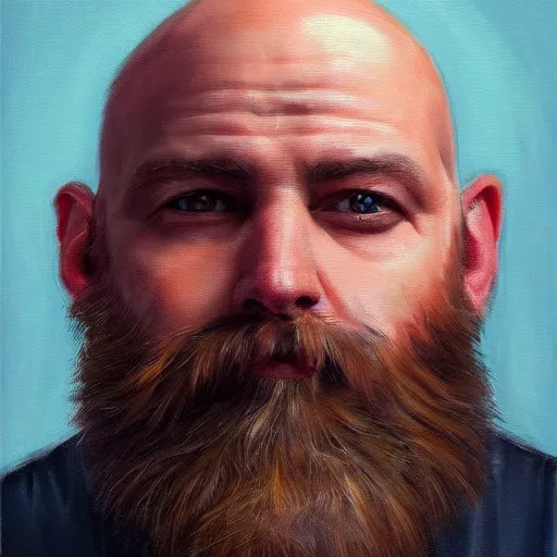 Prompt: oil painting, portrait of a bald bearded man, highly detailed, trending on artstation