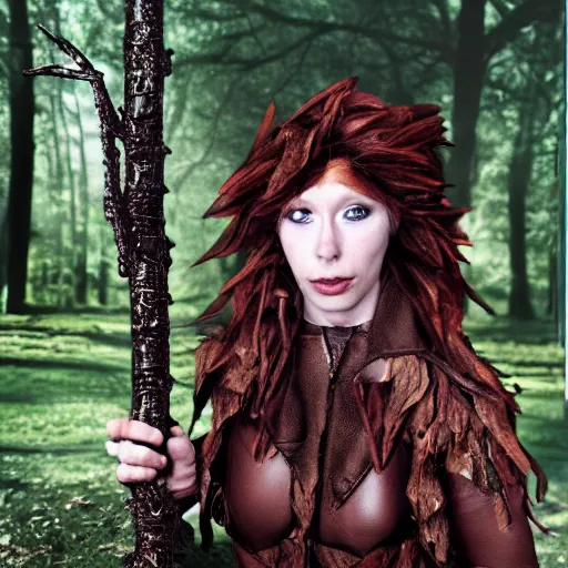 Image similar to a dnd deep gnome druid with leather clothing and leaves and sticks in her hair, photo by cindy sherman