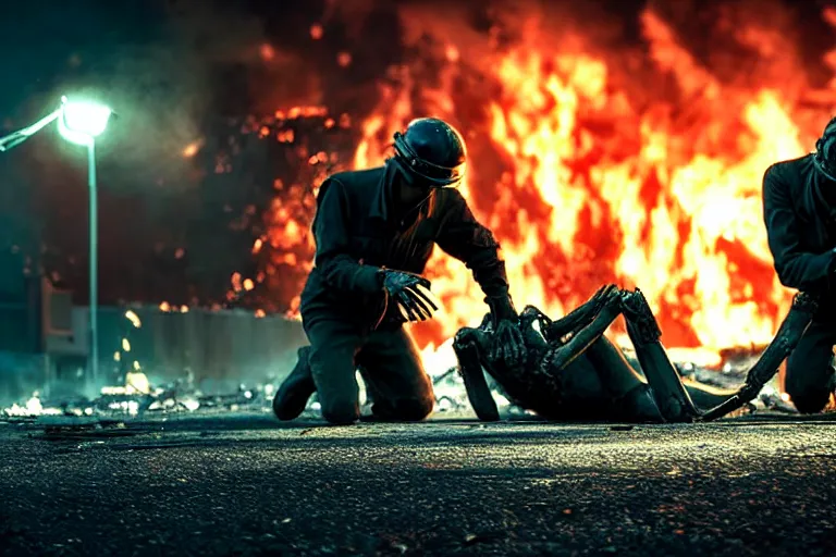 Image similar to vfx film closeup, dead robot couple on the ground holding hands, city street tire tracks fire. flat color profile low - key lighting award winning photography arri alexa cinematography, hyper real photorealistic cinematic atmospheric cool colorgrade