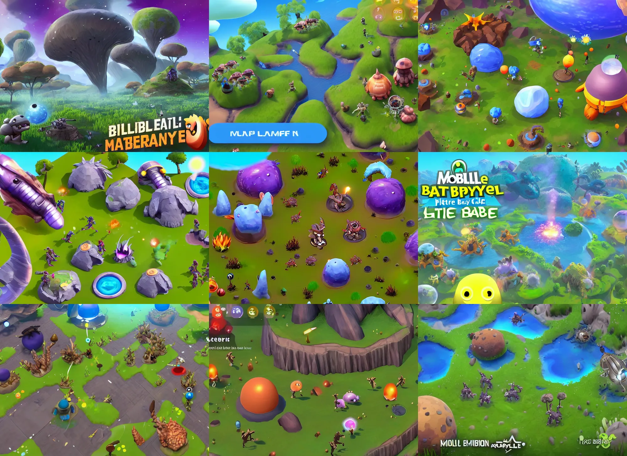 Prompt: mobile battle royale game about alien cute little animals that land on a planet with different biomes, craters, alien capsules, bushes in the visual style of Spore and Eternal Cylinder, world curvature, game overlay, hp mp stamina bars, longshot, 3rd person camera
