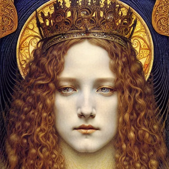 Image similar to detailed realistic beautiful young medieval queen face portrait by jean delville, gustave dore and marco mazzoni, art nouveau, symbolist, visionary, gothic, pre - raphaelite. horizontal symmetry