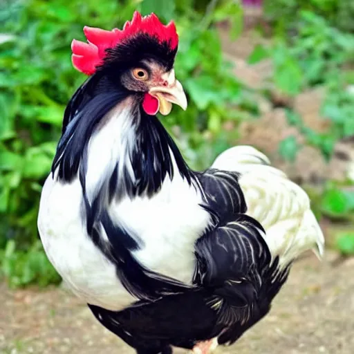 Prompt: a newly discovered breed of chicken with black feathers that is spotted with very distinct white heart!!! shapes