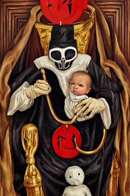 Prompt: hyperrealism oil painting of a handsome man, strong jaw, symmetrical, sitting in a gilded throne, tubes coming out of the man's arm, getting a blood transfusion from a baby. plague doctor. in the style of classicalism mixed with retro japanese book art