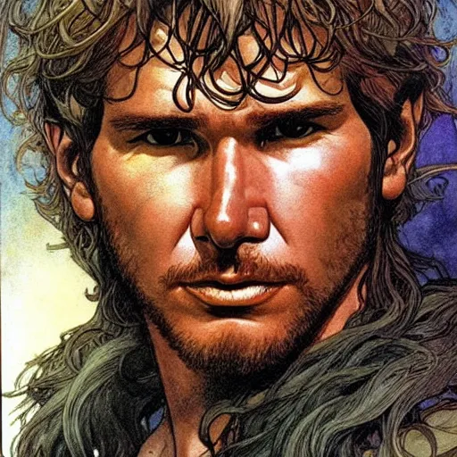 Image similar to a realistic, very beautiful and atmospheric portrait of young harrison ford as a druidic warrior wizard looking at the camera with an intelligent gaze by rebecca guay, michael kaluta, charles vess and jean moebius giraud